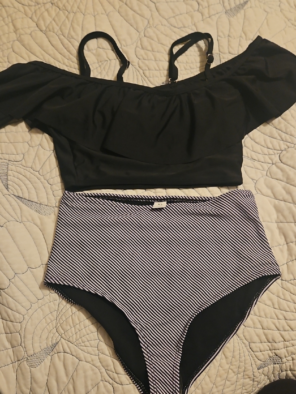 Black Off-Shoulder Bikini Top with High-Waist Black & White Striped Bottom